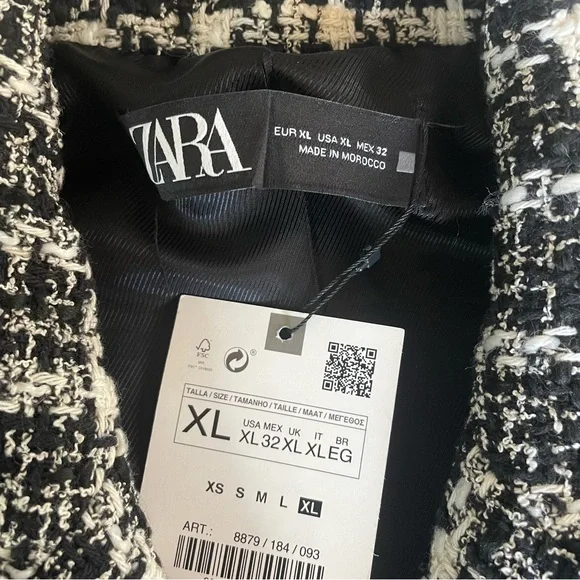 Zara Textured Tweed Houndstooth Black & White Double Breasted Cropped Jacket XL - Picture 2 of 8